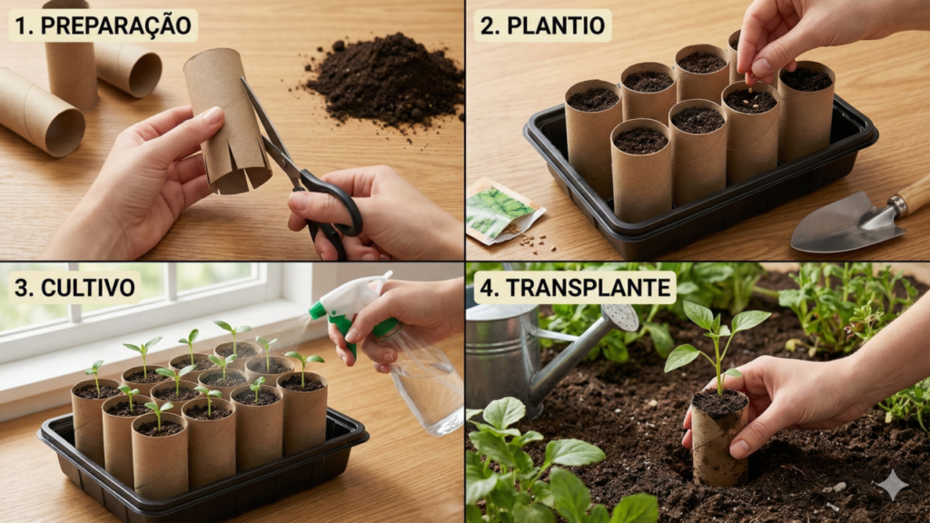 Vasinhos biodegradáveis feitos com tubo de papel higiênico