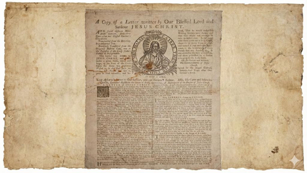 Uma cópia da carta celestial atribuída a Jesus, afirmando que o domingo é um dia de descanso.