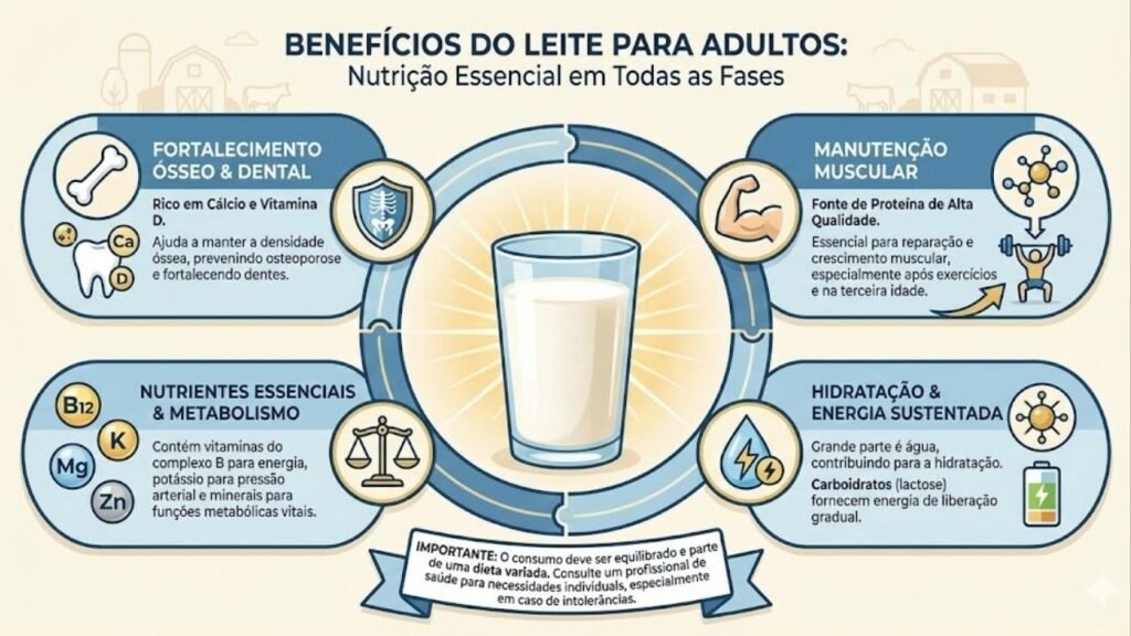 Especialistas mostram por que o leite segue essencial na vida adulta e revelam impacto direto na saúde óssea, muscular e metabólica