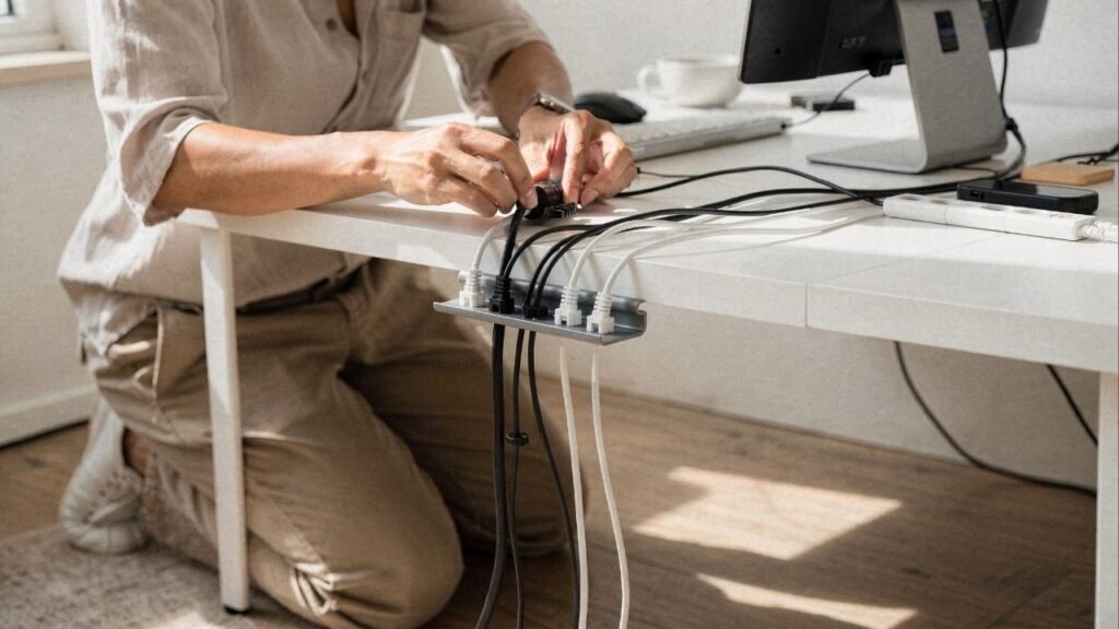 Essa ideia com rolos de papelão organiza cabos melhor que muitos produtos caros e ainda protege os conectores sensíveis