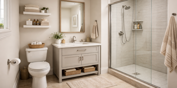 Tons claros e boas escolhas fazem o banheiro pequeno parecer maior e mais funcional