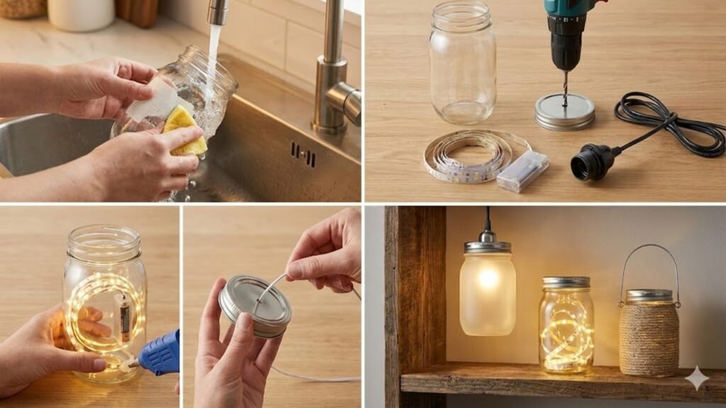 Potes de vidro viram luminárias modernas com LED gastando pouco