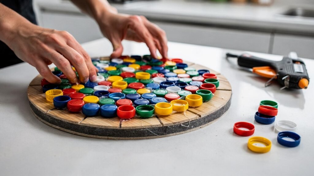 A tampinhas que iam pro lixo viram um suporte térmico tão resistente que surpreende até quem tem experiência na cozinha