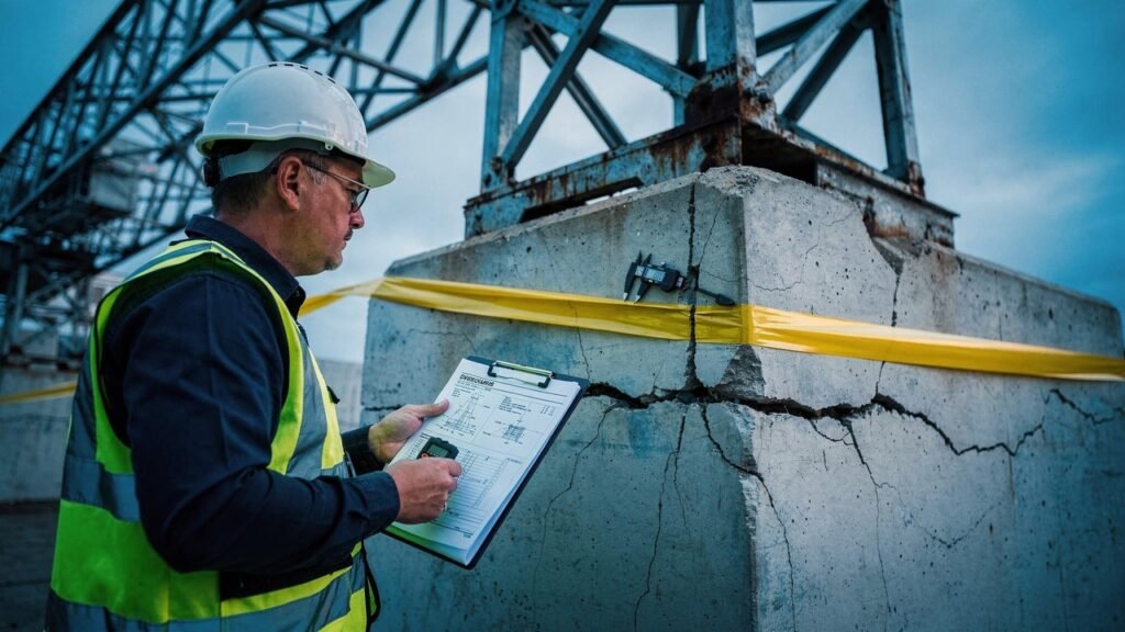 Moradores vivem sob sombra de guindaste abandonado há duas décadas e alertam: a base está rachando e o vento faz a estrutura balançar