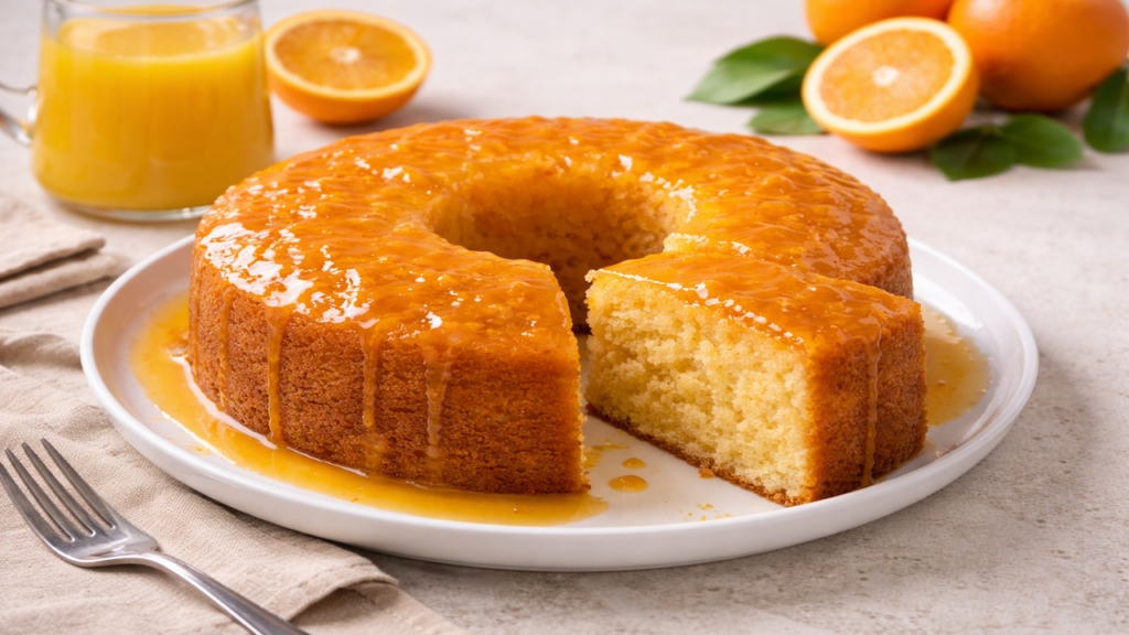 Bolo de laranja com calda fica fofinho, úmido e perfumado