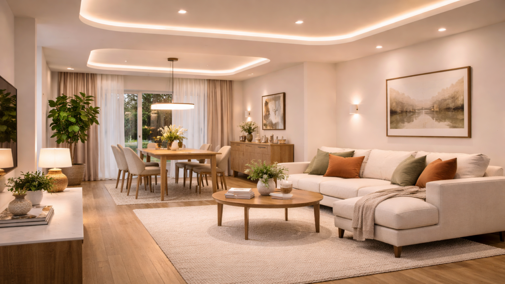 Perfis de LED e trilhos substituem lustres centrais