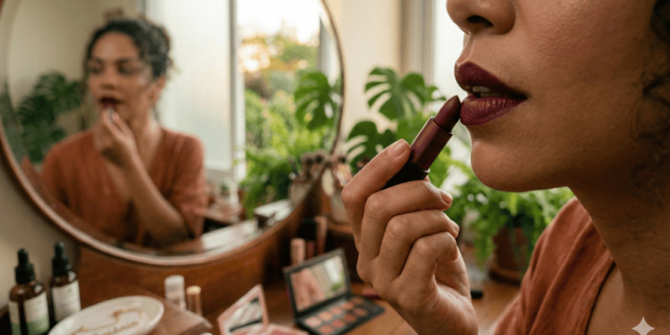 O batom em tom ameixa mistura nuances de vinho, roxo e marrom, criando uma cor profunda