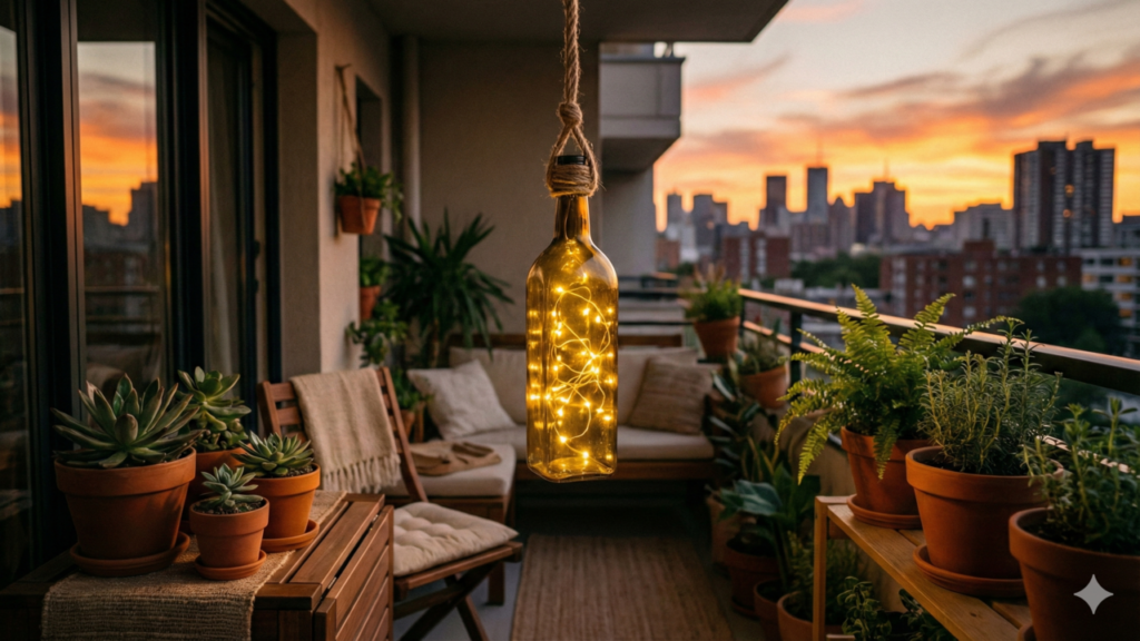 Luminária artesanal com garrafa de azeite é tendência sustentável