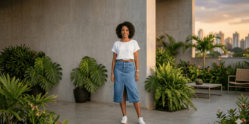 Do trabalho ao lazer: como a saia jeans midi une conforto e estilo no ritmo acelerado da cidade