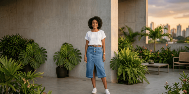 A popularidade da saia jeans midi tem tudo a ver com a vida corrida nas cidades: é prática, durável e fácil de combinar