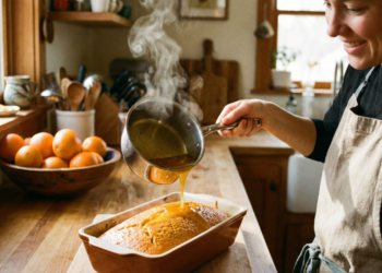 Bolo de laranja com calda fica fofinho, úmido e perfumado