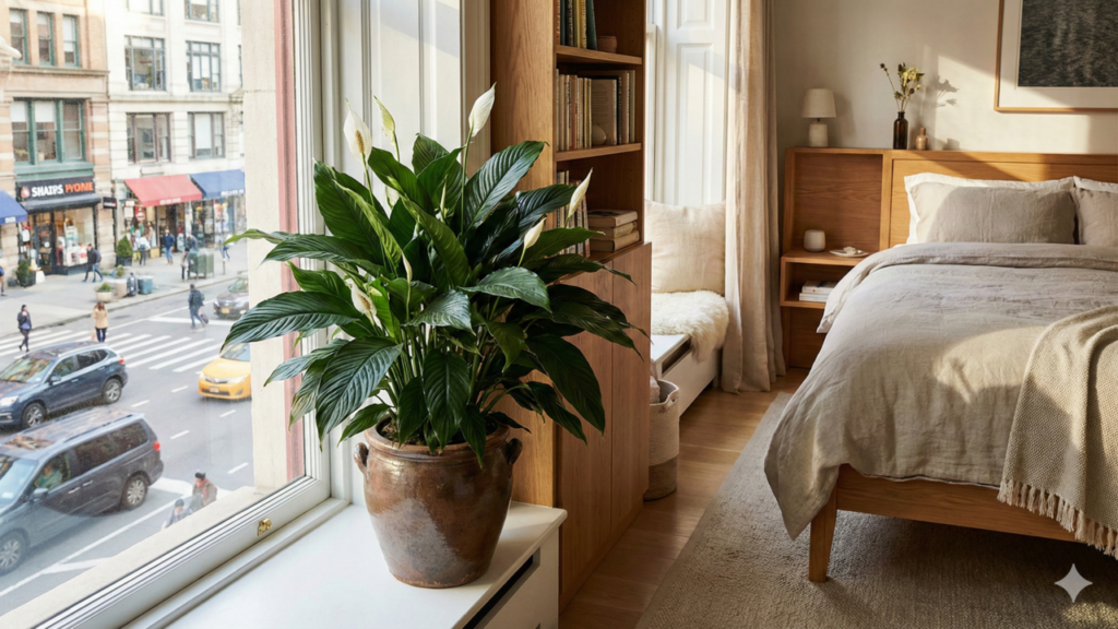 O lírio-da-paz é uma planta de folhas verdes bem escuras e brilhantes