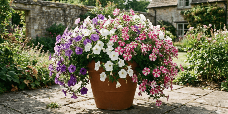 O primeiro passo para plantar petúnias em vasos floridos é selecionar um recipiente com furos de drenagem