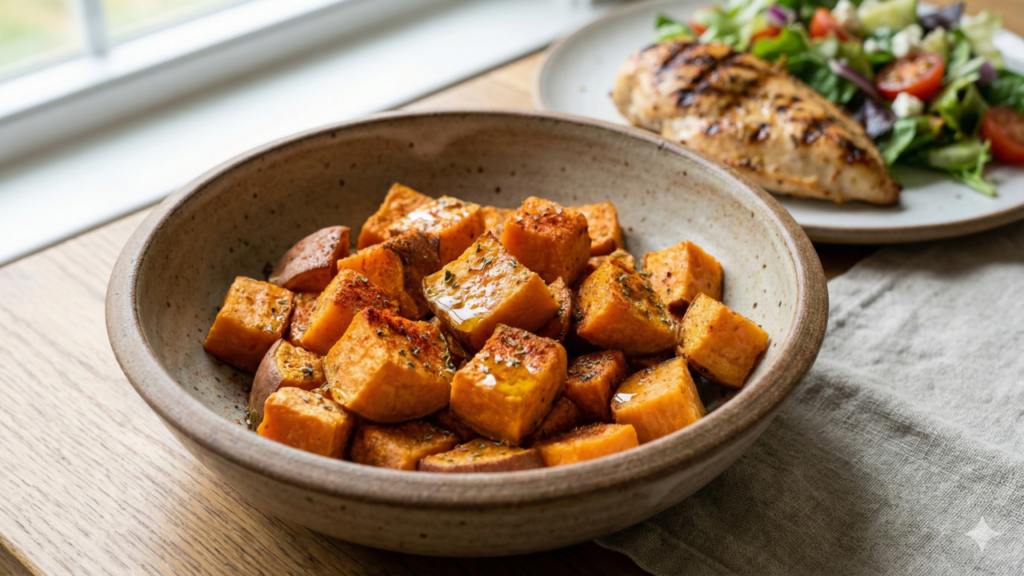 Batata-doce assada macia por dentro e dourad