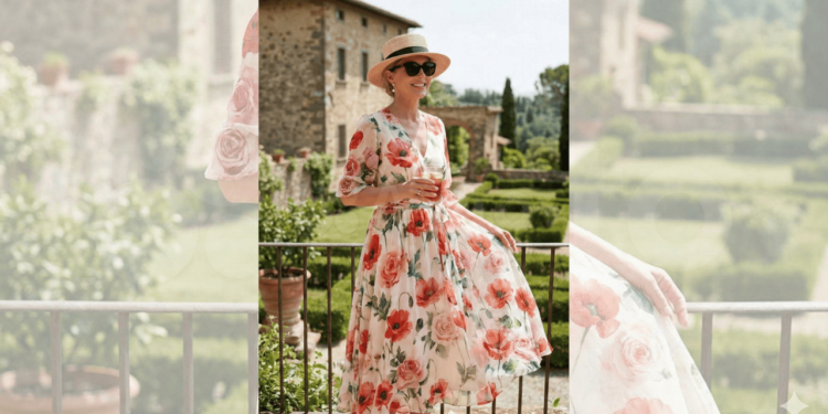 Em temperaturas mais amenas, o vestido longo estampado continua versátil com alguns ajustes de styling