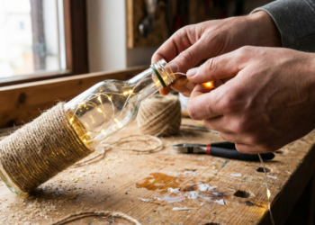 Luminária artesanal com garrafa de azeite é tendência sustentável