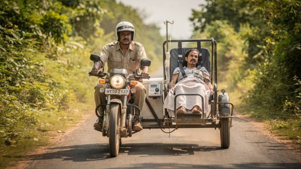 Sem estradas adequadas e sem ambulâncias disponíveis, um homem transforma sua motocicleta em ambulância improvisada e muda o destino de vilarejos inteiros