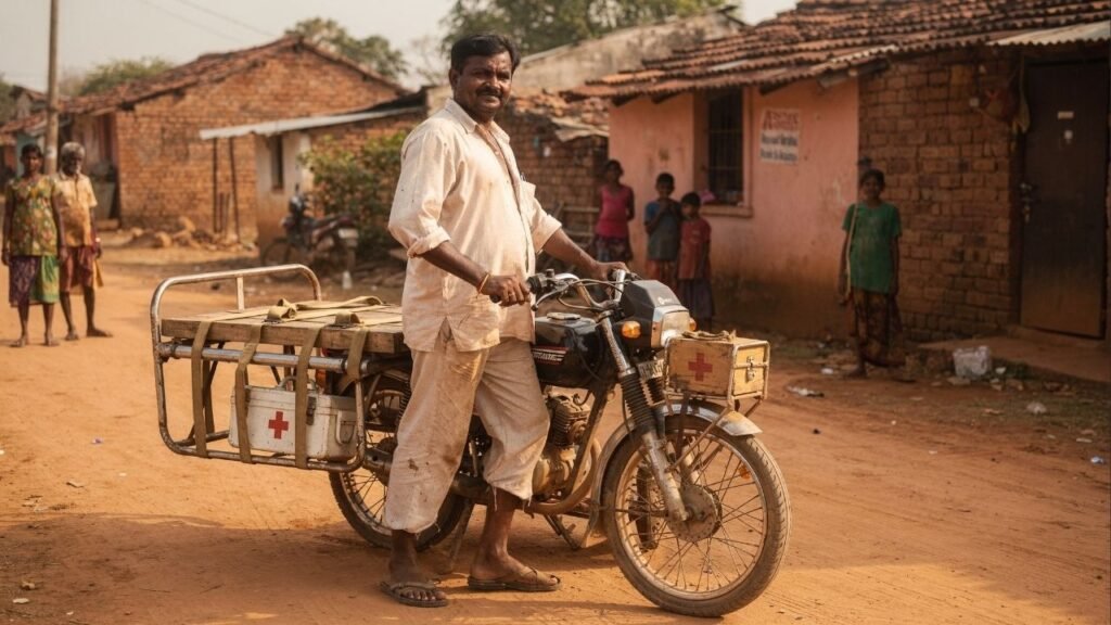 Sem estradas adequadas e sem ambulâncias disponíveis, um homem transforma sua motocicleta em ambulância improvisada e muda o destino de vilarejos inteiros
