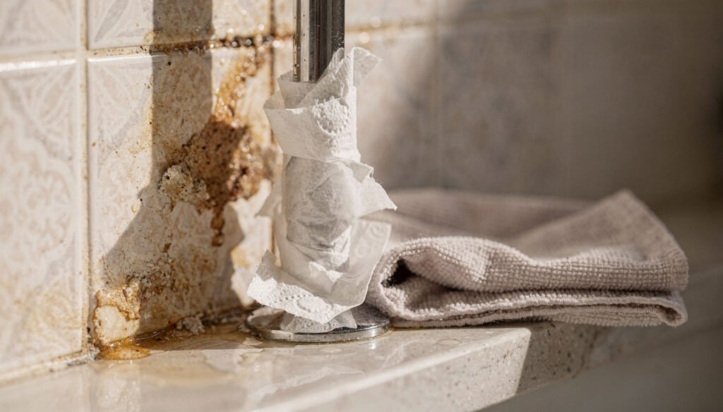 Eu despejo vinagre em um rolo de papel higiênico e o coloco em um canto: muita gente não entende o porquê, mas depois faz a mesma coisa.