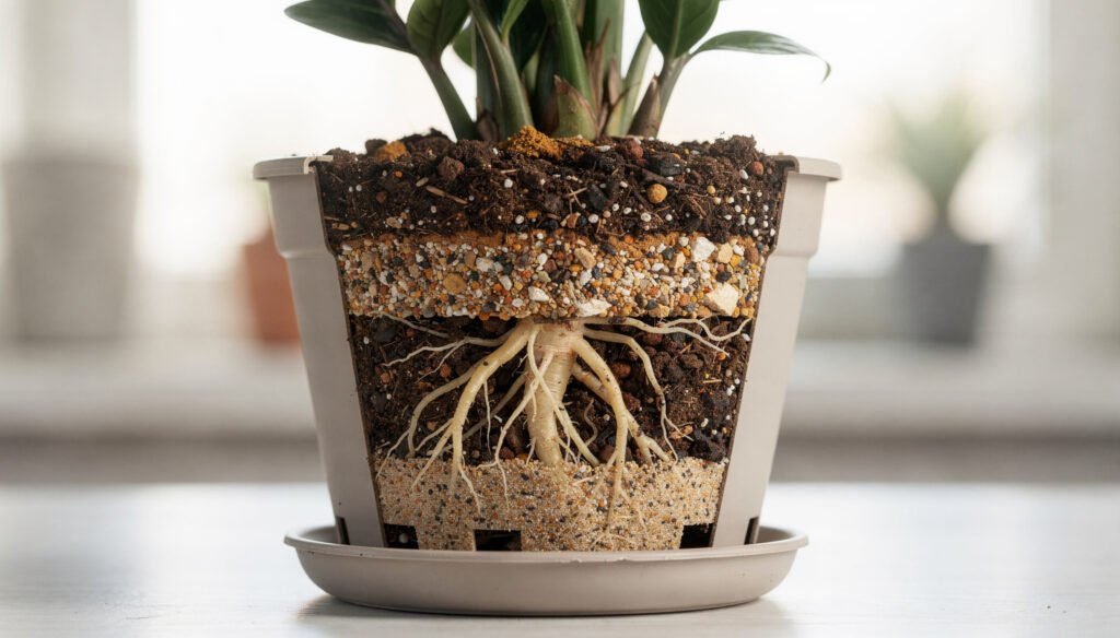 O cuidado que faz sua zamioculca crescer sem apodrecer a raiz em ambientes com pouca luz