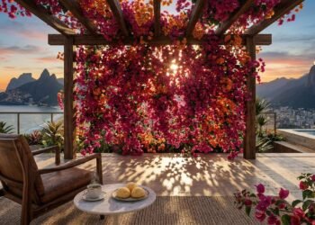 Essa roseira pouco conhecida e muito resistente cria um efeito de “cortina de flores” que muda qualquer varanda