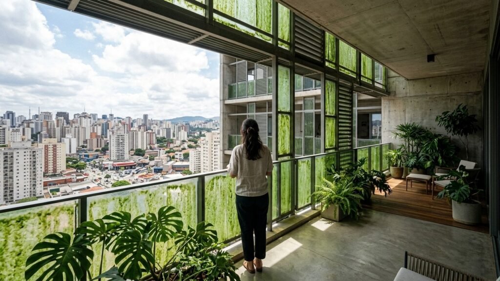 Edifício na Alemanha transforma fachada em usina viva com 129 painéis de algas que produzem biogás para aquecimento e energia interna