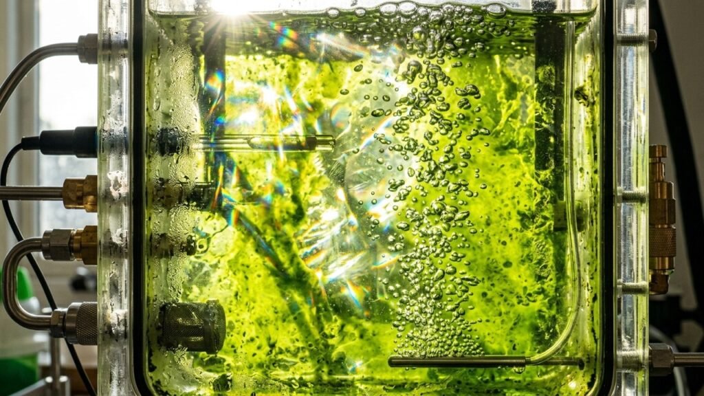 Edifício na Alemanha transforma fachada em usina viva com 129 painéis de algas que produzem biogás para aquecimento e energia interna