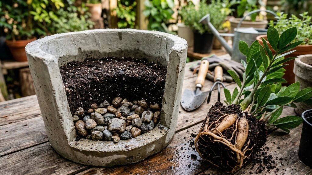 O erro comum ao plantar zamioculca em vaso de concreto que faz a planta ficar meses sem crescer