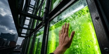Edifício na Alemanha transforma fachada em usina viva com 129 painéis de algas que produzem biogás para aquecimento e energia interna