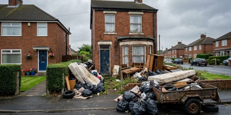 Vizinhos estão denunciando o dono de uma casa no bairro por estar acumulando lixo em sua propriedade: sacos de lixo, colchões, móveis e até mesmo um trailer abandonado
