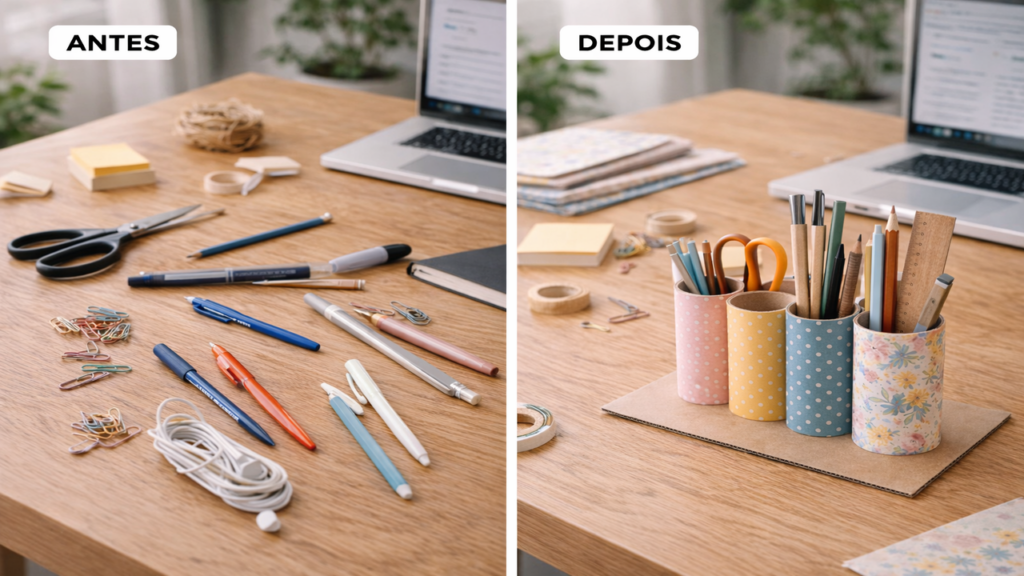 O organizador de mesa mais criativo com reciclagem