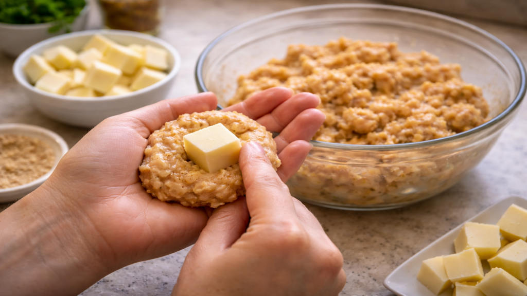 Salgado de frango com queijo crocante por fora e cremoso