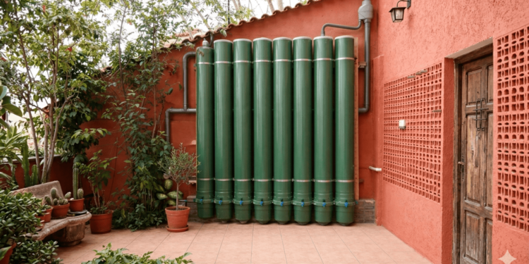 Cada tubo funciona como um cilindro vertical, e um de 200 mm de diâmetro armazena em média 30 litros por metro