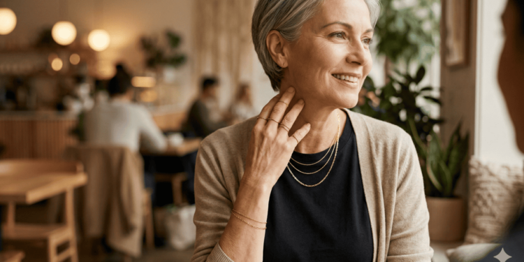 A palavra-chave principal aqui é “acessórios dourados delicados”, que unem cor, sutileza e função de complemento