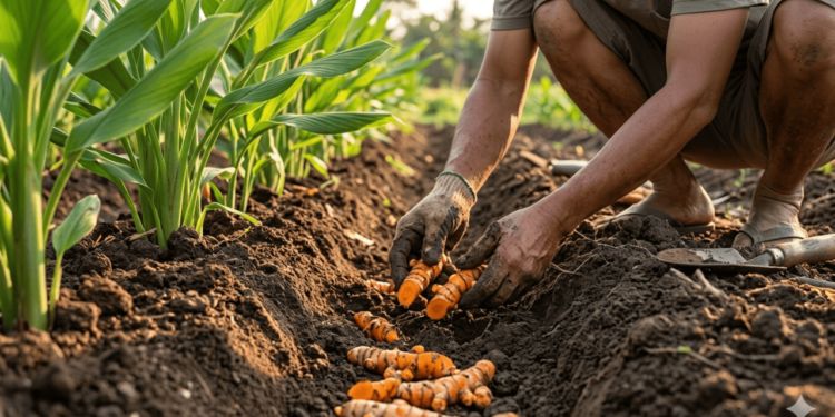 A cúrcuma cresce a partir de rizomas, que são como raízes mais grossas, escondidas debaixo da terra