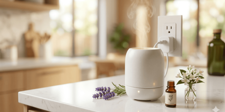 O aromatizador elétrico é um aparelhinho compacto, geralmente de plástico ou cerâmica, que você conecta direto na tomada.
