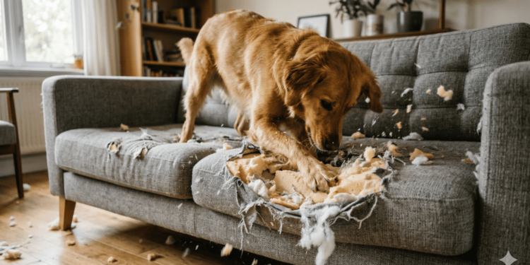 Hoje o sofá entrou no lugar da terra, mas o padrão continua o mesmo: o cachorro cava como se estivesse “arrumando a cama”.