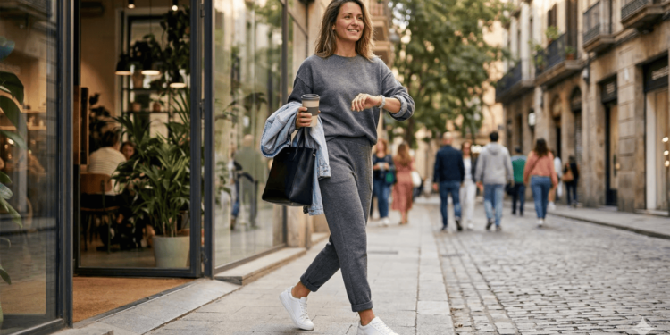 Muitas vezes, o look é finalizado com um tênis casual e uma terceira peça leve, como jaqueta jeans ou blazer desestruturado