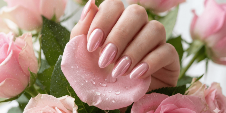 As Rose Water Chrome Nails são unhas em tom rosa claro, semitransparente, cobertas por um pó cromado