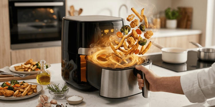 A air fryer é uma fritadeira elétrica que usa ar quente em alta velocidade para preparar os alimentos