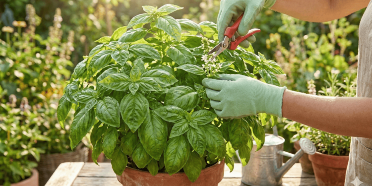 Quando o manjericão gigante entra em fase de floração, ele passa a gastar quase toda a energia na produção