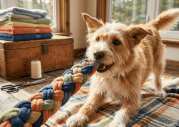 Não jogue a toalha velha fora, aprenda a transformar-la em um mordedor para seu cão