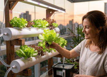 A horta de alface que permite colher folhas frescas o ano todo sem usar um grama de terra
