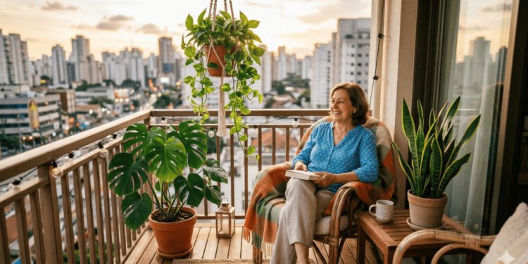 Aos 67 anos, essa moradora decidiu que não queria mais olhar para um canto vazio e sem vida na varanda