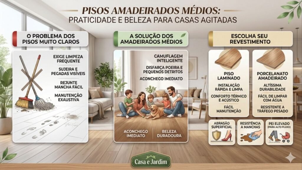Pisos muito claros na sala estão fora de moda: os tons amadeirados médios disfarçam sujeira e não mancham com facilidade