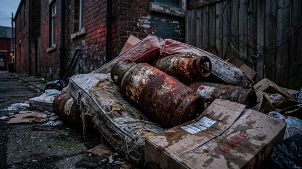 Vizinhos estão denunciando o dono de uma casa no bairro por estar acumulando lixo em sua propriedade: sacos de lixo, colchões, móveis e até mesmo um trailer abandonado