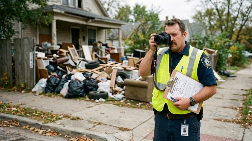 Vizinhos estão denunciando o dono de uma casa no bairro por estar acumulando lixo em sua propriedade: sacos de lixo, colchões, móveis e até mesmo um trailer abandonado