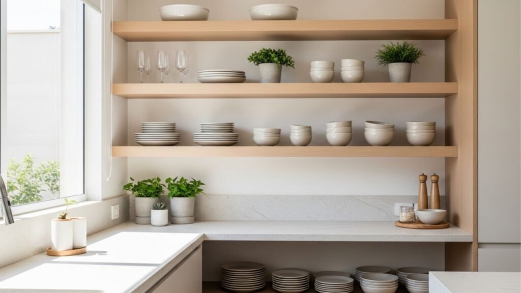 Adeus armários superiores pesados, as prateleiras abertas são a tendência elegante nas cozinhas de 2026