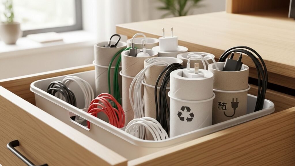 Aprenda a fazer um organizador de cabos com rolo de papel higiênico