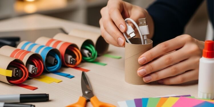 Aprenda a fazer um organizador de cabos com rolo de papel higiênico